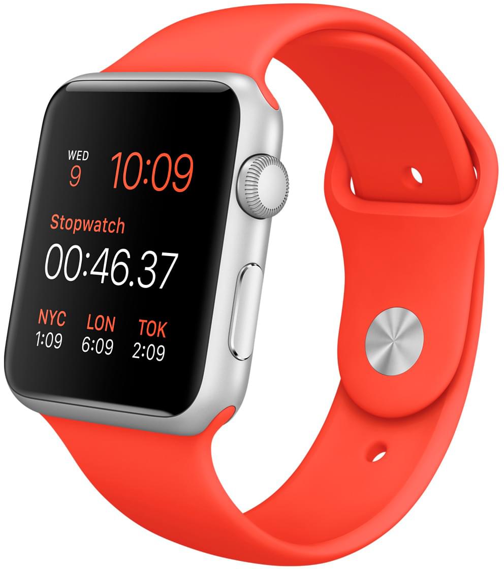 Apple Watch Sport, корпус 42 мм из серебристого алюминия, оранжевый спортивный ремешок