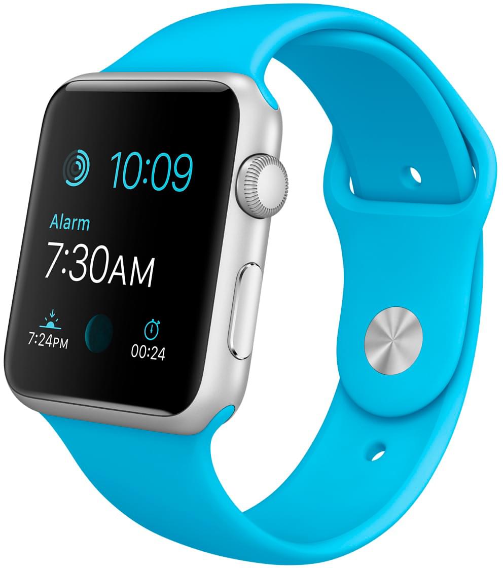 Apple Watch Sport, корпус 42 мм из серебристого алюминия, голубой спортивный ремешок