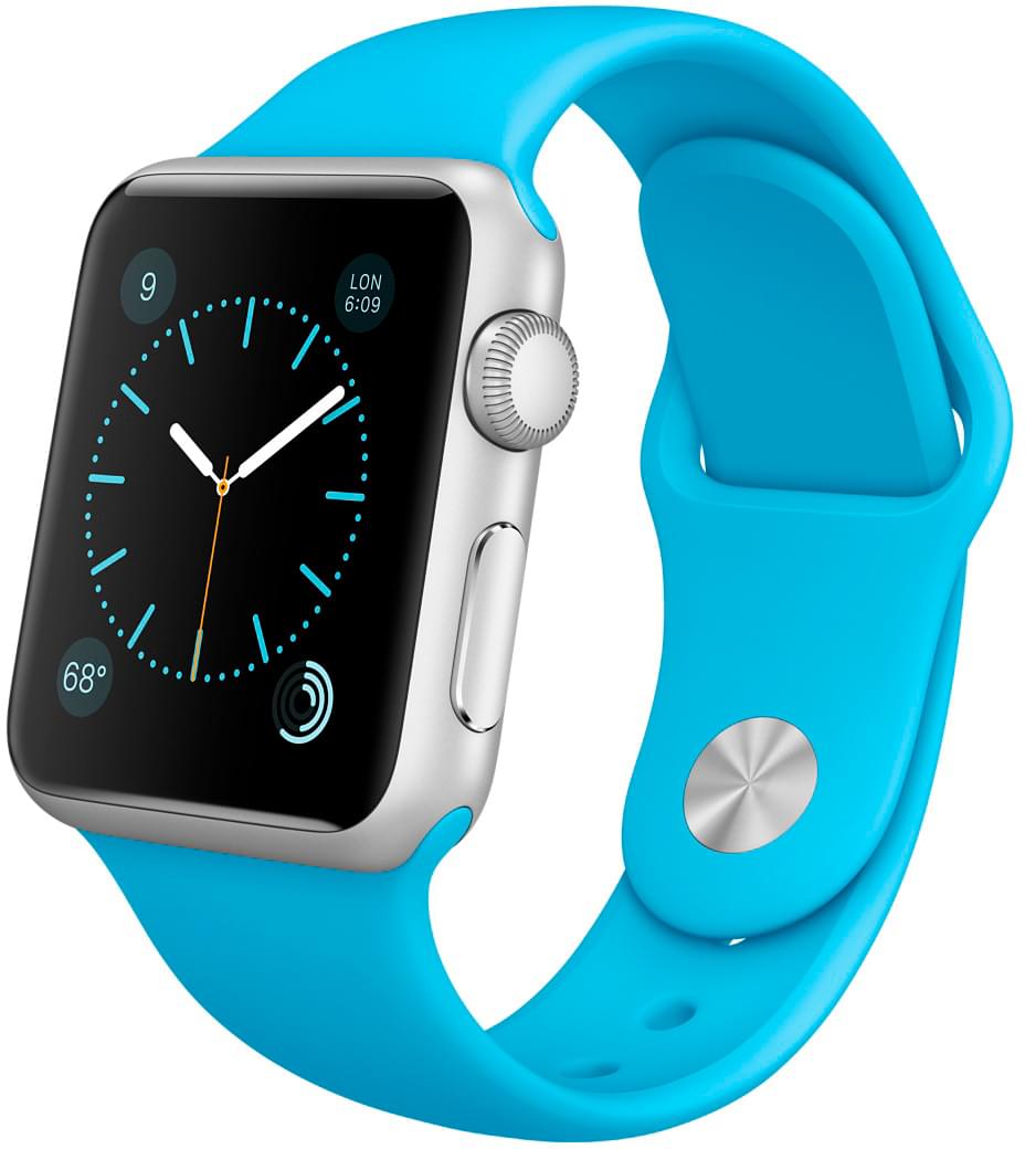 Apple Watch Sport, корпус 38 мм из серебристого алюминия, голубой спортивный ремешок