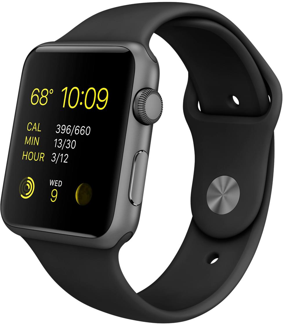 Apple Watch Sport, корпус 42 мм из алюминия цвета «серый космос», чёрный спортивный ремешок