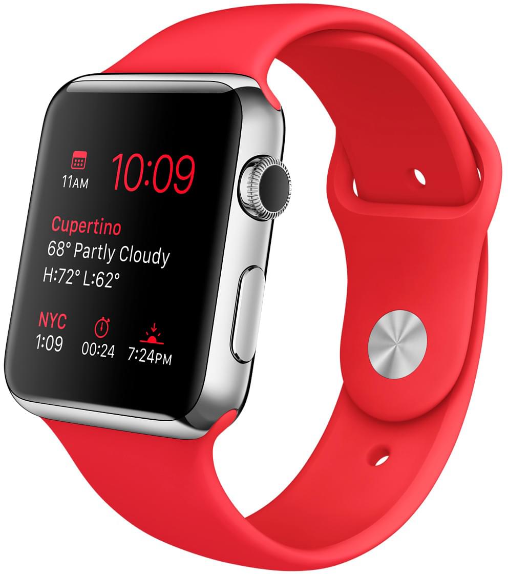 Apple Watch, корпус 42 мм из нержавеющей стали, красный спортивный ремешок