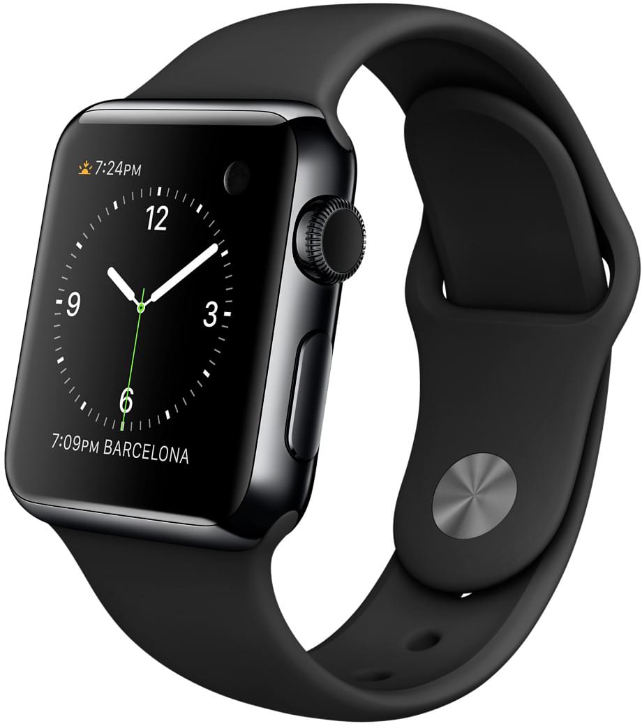 Apple Watch, корпус 38 мм из нержавеющей стали цвета «серый космос», чёрный спортивный ремешок