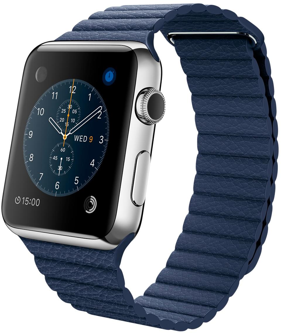 Apple Watch, корпус 42 мм из нержавеющей стали, синий кожанный ремешок