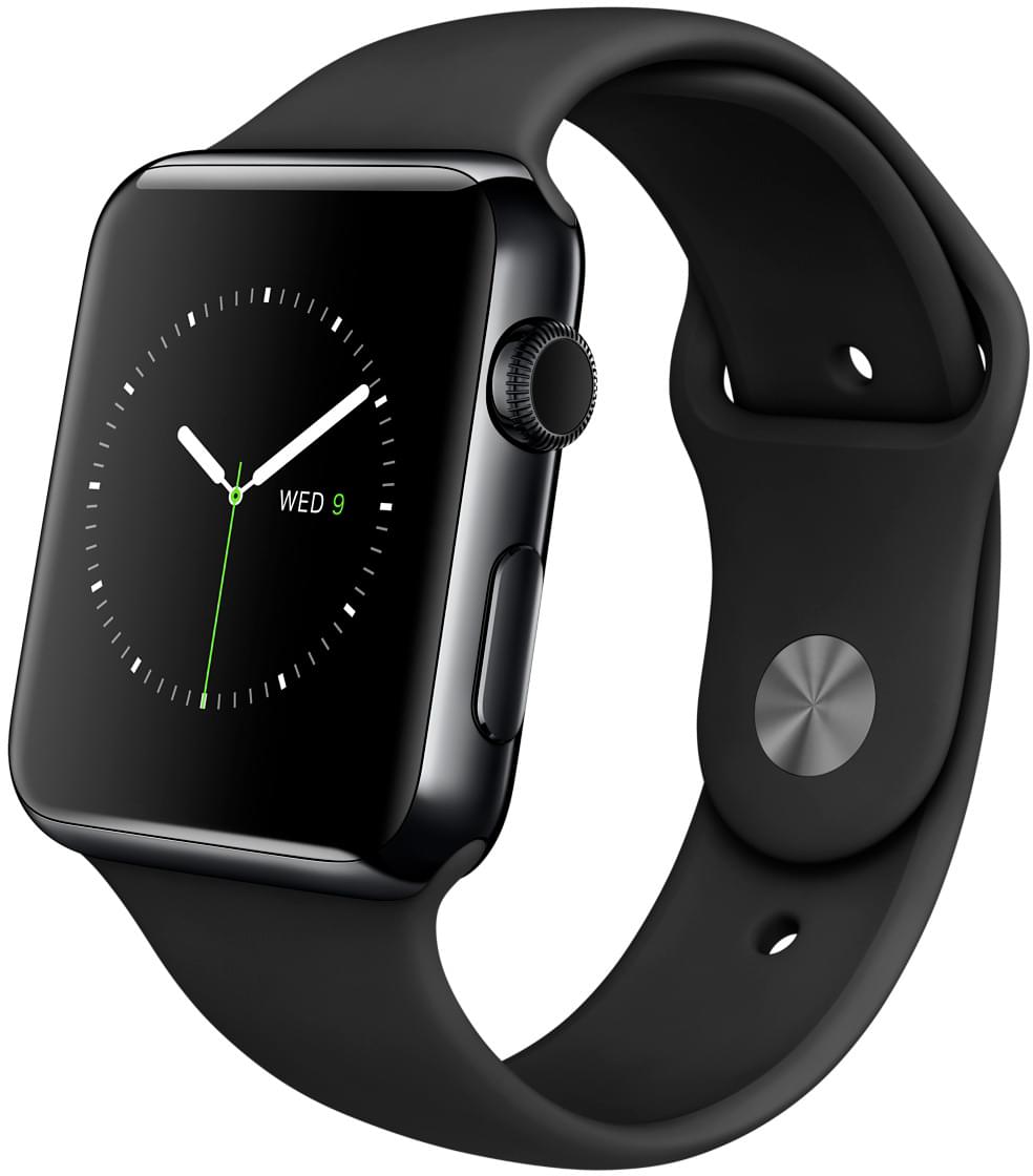 Apple Watch, корпус 42 мм из нержавеющей стали цвета «серый космос», чёрный спортивный ремешок
