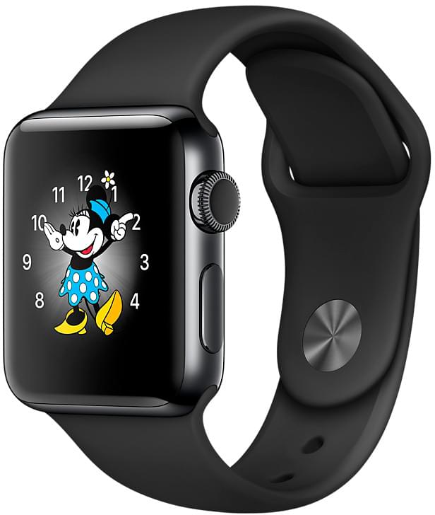 Apple Watch Series 2, корпус 38 мм из нержавеющей стали цвета «серый космос», чёрный спортивный ремешок