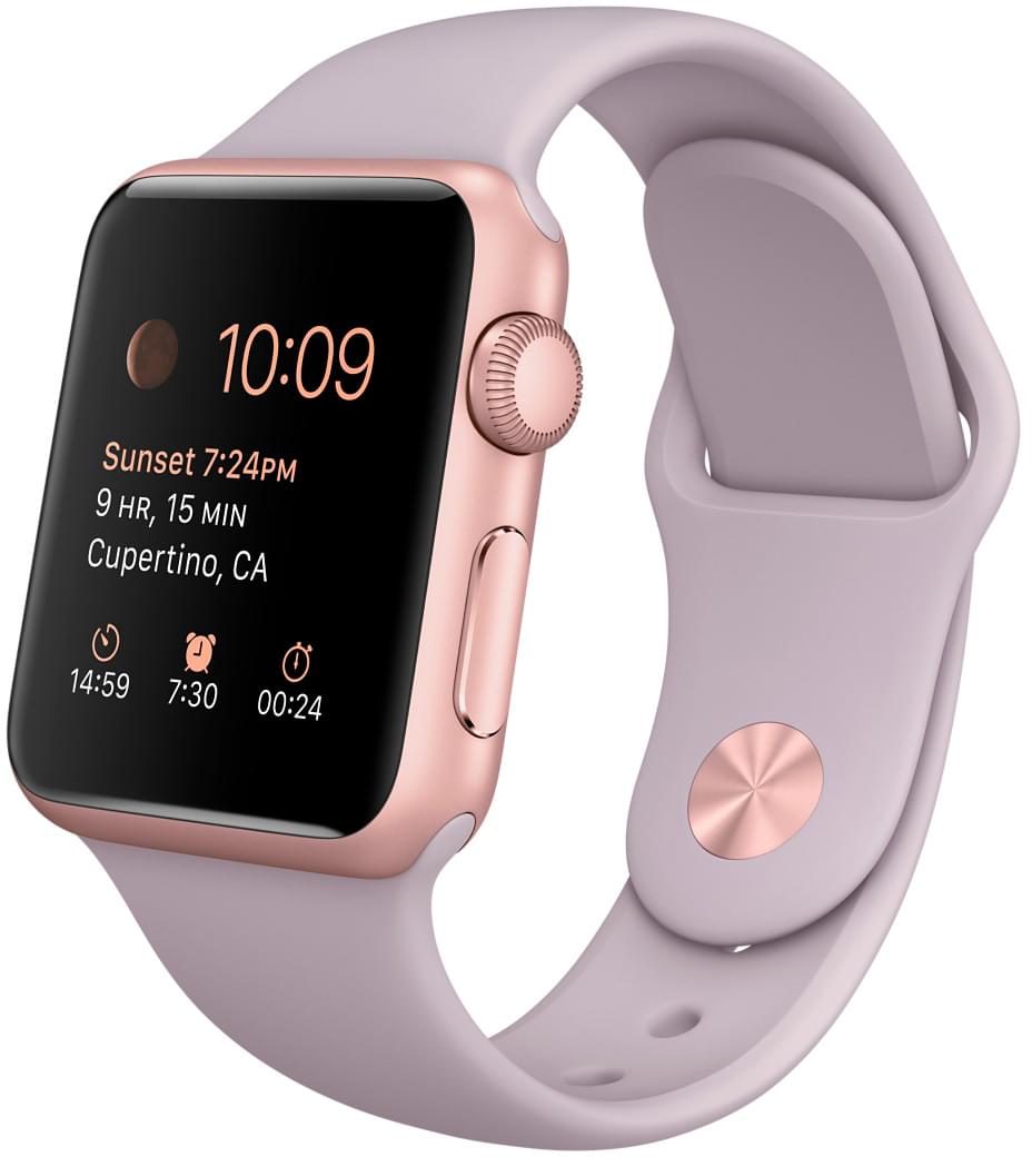 Apple Watch Sport, корпус 38 мм из алюминия цвета «розовое золото», сиреневый спортивный ремешок