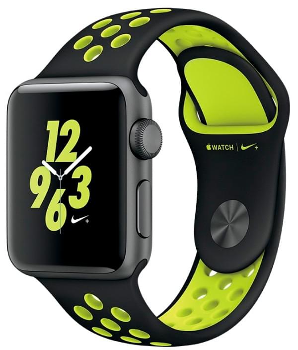 Apple Watch Nike+, корпус 38 мм из алюминия цвета «серый космос», спортивный ремешок Nike цвета «чёрный+салатовый»