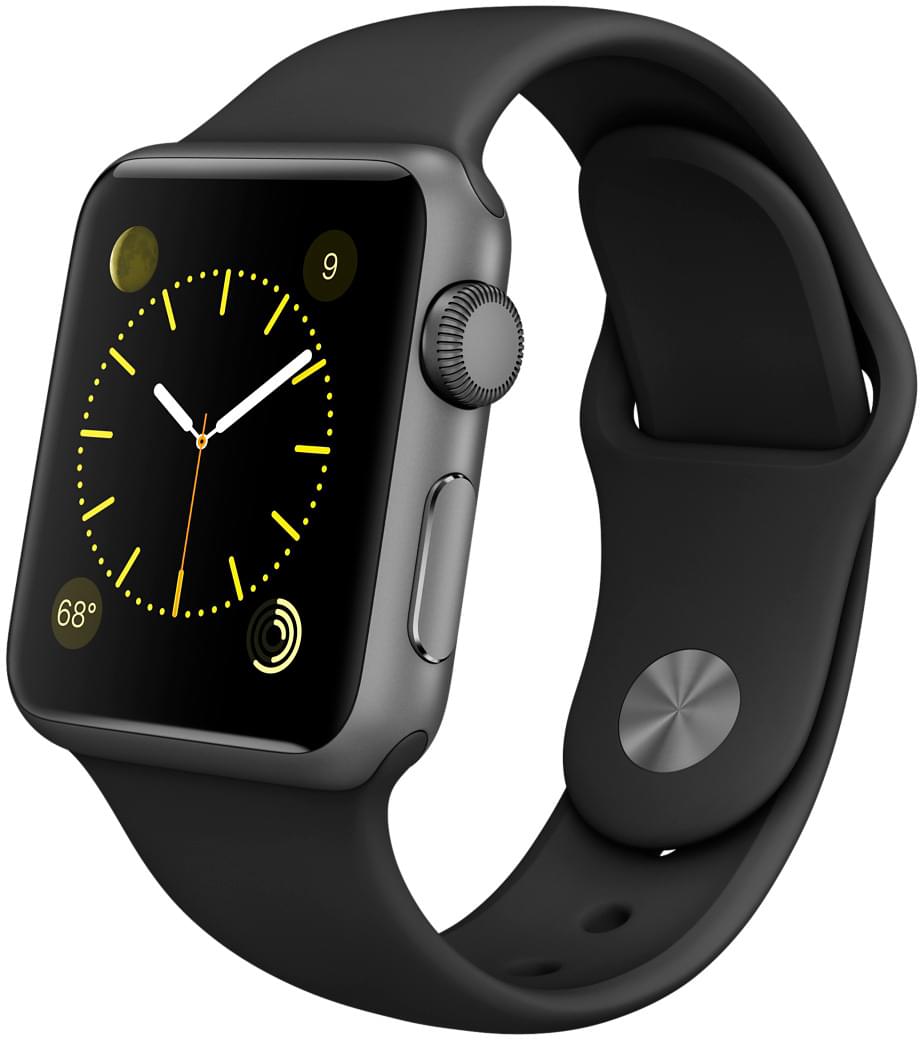 Apple Watch Sport, корпус 38 мм из алюминия цвета «серый космос», чёрный спортивный ремешок