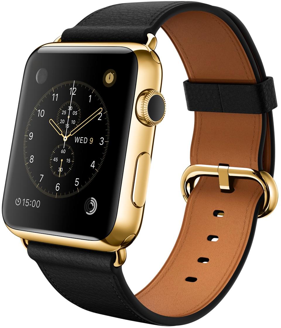 Apple Watch Edition, корпус 42 мм из 18-каратного жёлтого золота, чёрный ремешок с классической пряжкой