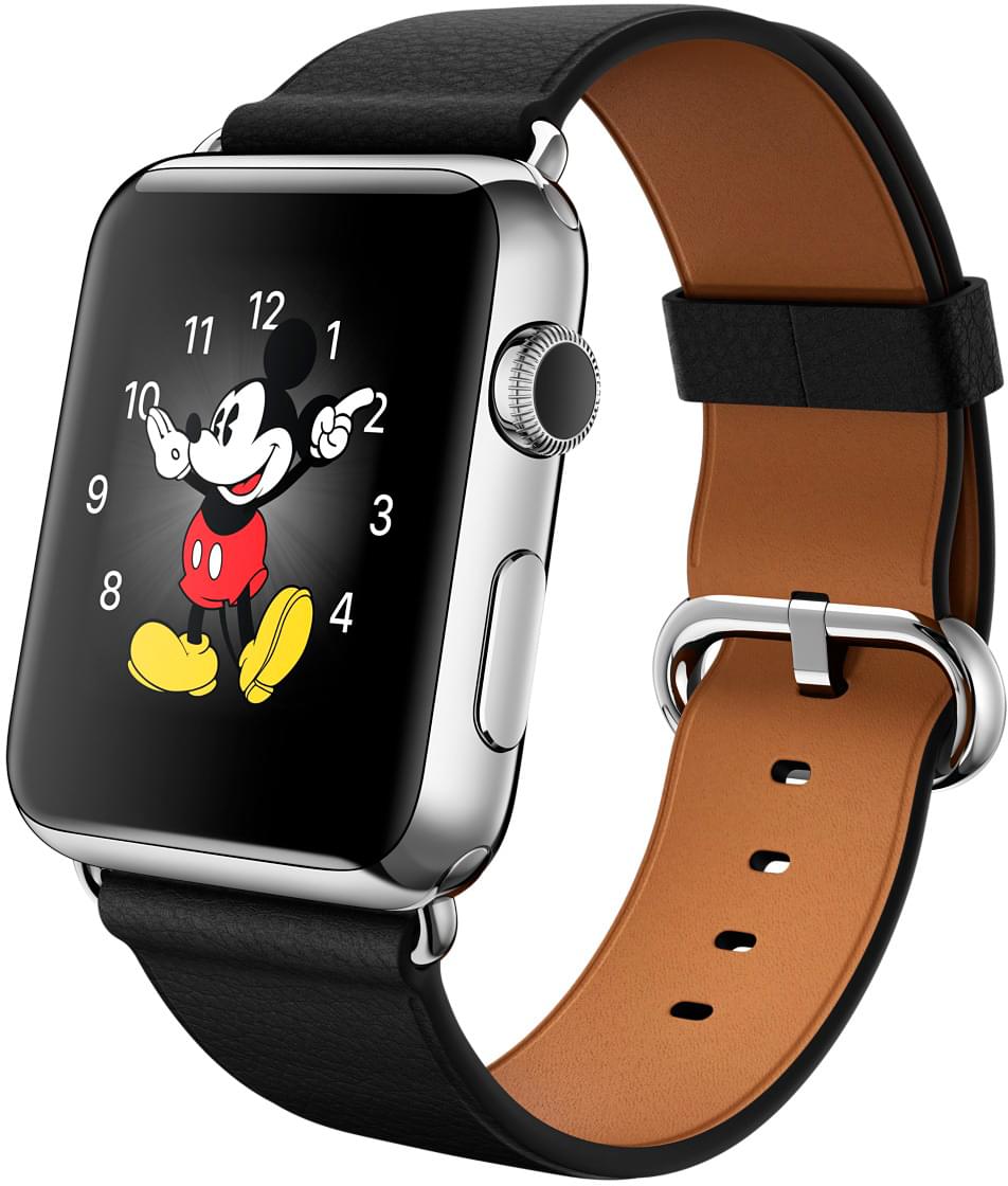 Apple Watch, корпус 42 мм из нержавеющей стали, чёрный ремешок с классической пряжкой