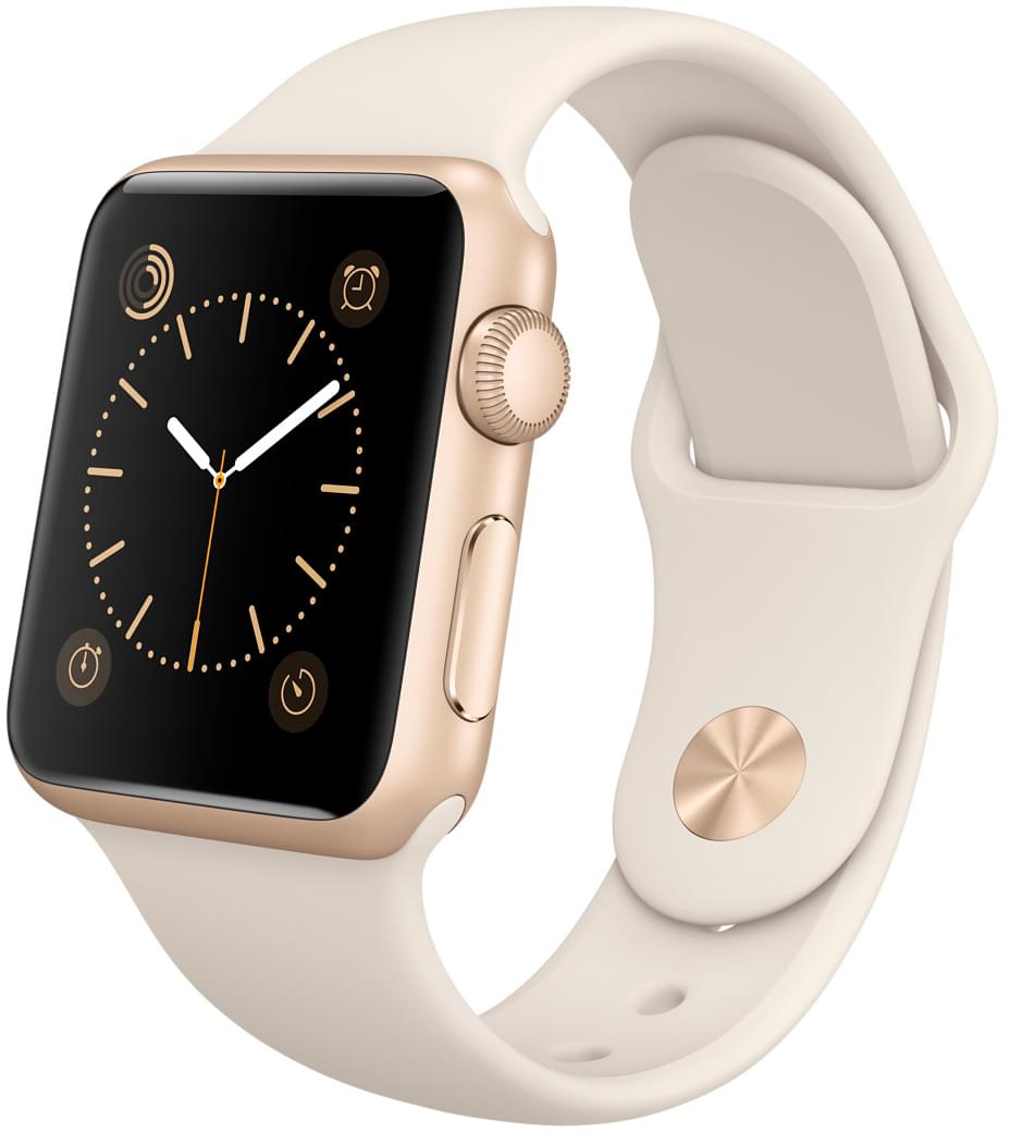 Apple Watch Sport, корпус 38 мм из золотистого алюминия, мраморно-белый спортивный ремешок